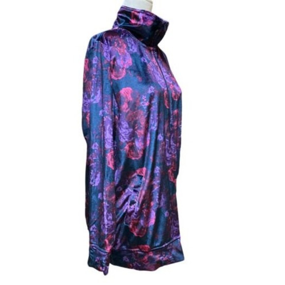 Woman Within Velour Navy Purple Floral Full zip jacket High Neck Size Medium M - Picture 2 of 11